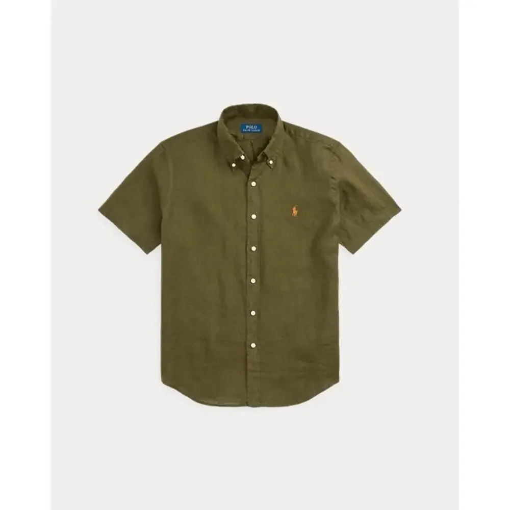 Polo Ralph Lauren Custom Slim Fit Linen Shirt L Olive Green NWT Short Sleeve - Picture 2 of 7